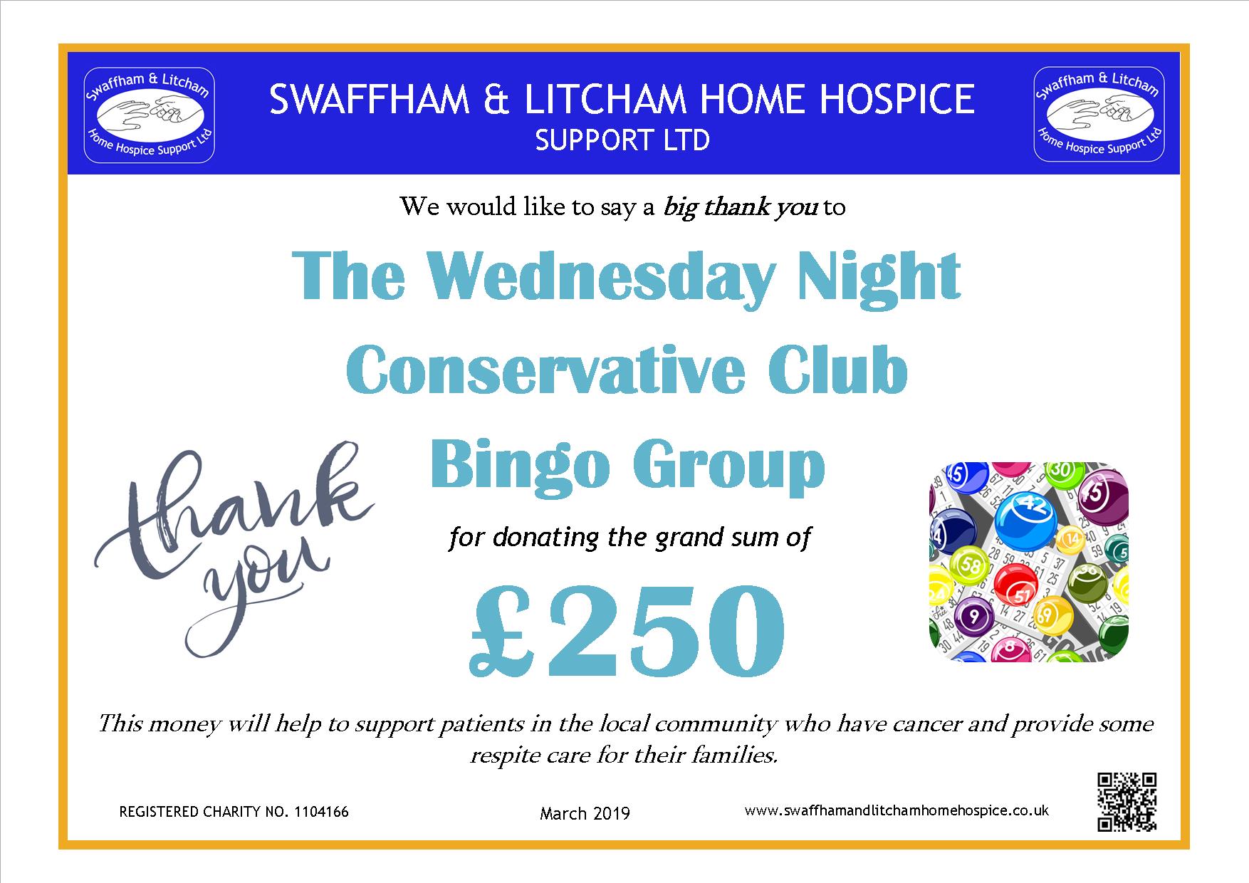 Money raised at the Wednesday Night Conservative Club Bingo Group, March 2019